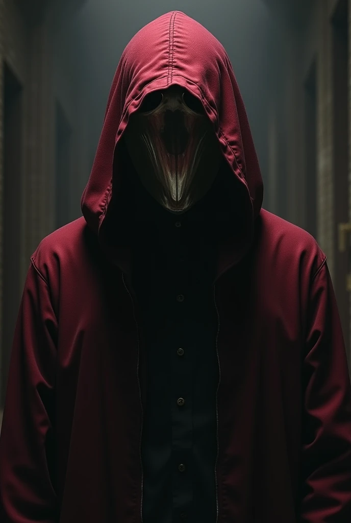 Gothic Horror、Hood made of dark reddish-colored tengojou fabric、 the faceless killer is wearing a mirror-reflecting full-face mask、The only thing that is shown there is the face of a frightened victim 。