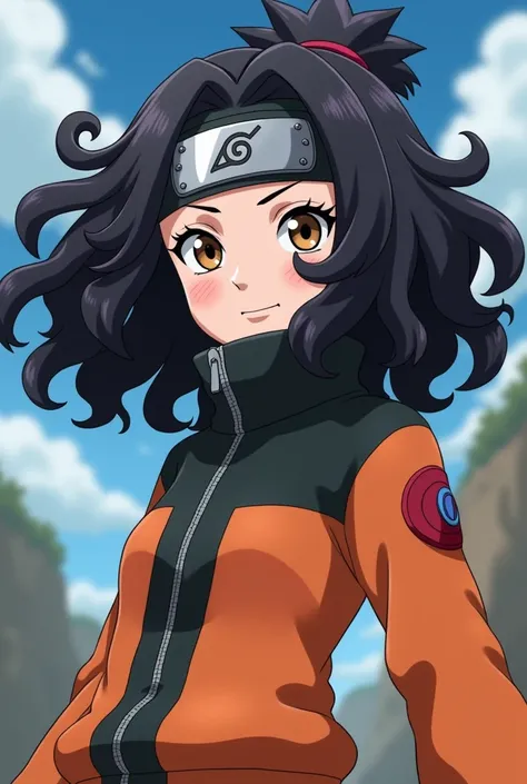 A female anime character with big black curly and wavy hair with a naruto headband and clothes similar to the classic naruto uzumake with half-up dark brown eyes 