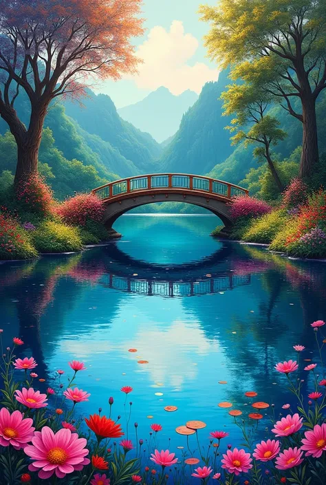Its a very beautiful lake 、 brightly colored and bridged ,   and impressionist canvas with plants from across the lake ,  Like,  hard brush with lots of flowers and acrylic texture  
