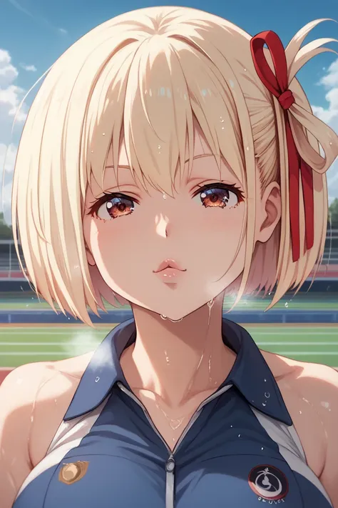 chisato nishikigi, short hair, bangs, blonde hair, crosed eyes, hair ribbon, one side up, bob cut, large breasts, (kissing face:1.2), steam, wet, from front, looking at viewer, clear sky, school ground, track, masterpiece, best quality, ultra-detailed, hig...