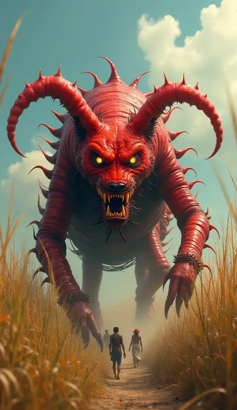 front view, a disgusting mutant creature in the form of a centipede with the head of a red dog demon, a slippery slimy face, a millipede caterpillar, creeping around in the village field during the day Playing with the small village ren