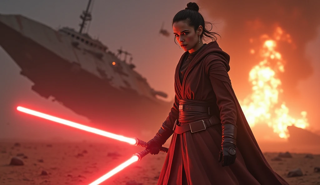 Daisy Ridley in star war ready to fight war holding light saber bloody war going on background spaceship crashing in background. 