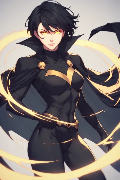 short hair, black hair, yellow eyes, glowing eyes, cape, superhero, black suit, yellow inner, female, 