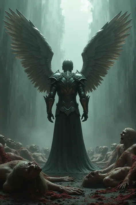 View of hell from the shoulder of an angel in silver armor where cold rotting bodies are mixed with cold, still life begging for help