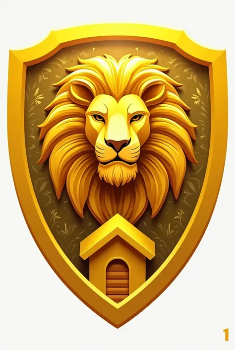 Generate a shield logo make the body a design of a small house beneath with jungle design with the logo style lion in the shield make it color yellow make it look 
professional 