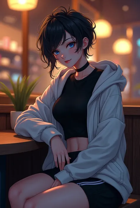  very short hair , black hair,Blue Eyes, pretty girl,Handsome Girls,cool,Neutral, Tall,Muscular, boyish , adult woman laughing,Beautiful breasts, nice butt, black long sleeve t-shirt , Im wearing a white jumper with a hood that hides my mouth,Im wearing sh...