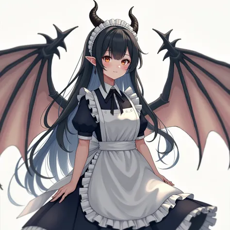  1 girl, dragon wings、Dragon Horn、Black Hair
、 long hair、 illustration,  maid clothes