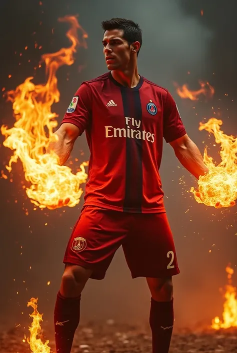 Magicien avec la tete de cr7 , le corps de Messi et il porte un maillot du psg , il jette une fireball car il maitrise le feu