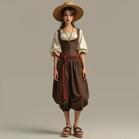 Full body shot of a latin paesant girl in her 20s, petite, brown hair, freckles, pale skin. Wearing wedge cork-soled platform sandals, a wide 17th century shirt, a corset and a straw hat. Detailed feet, photorealistic