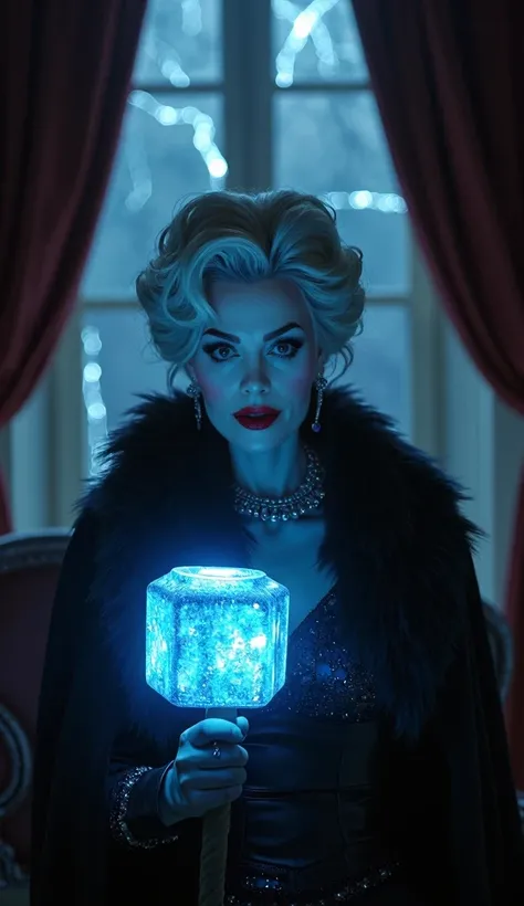 Cruella de Vil, her bold makeup and eccentric hairstyle glowing softly in the mystical blue light of Mjolnir. She touches the hammer delicately, her expression a mix of curiosity and intrigue. The scene is intimate and dramatic, with a dark, elegant backdr...