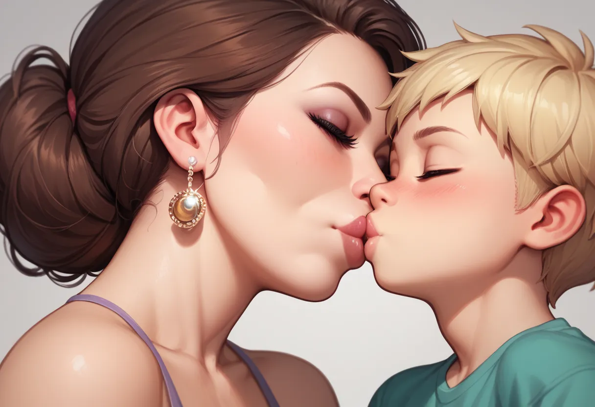 mom and shota kissing, close up, animetoreal