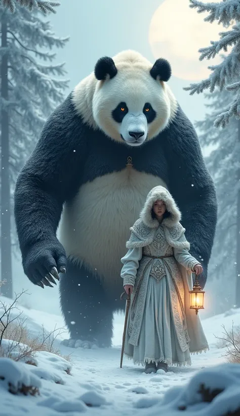 **Enormous Panda with a Woman in a Snowy, Misty Atmosphere – Enhanced and Realistic Prompt:**  

"A towering, enormous panda with soft yet intricately detailed fur, its black and white coat glistening with tiny frost crystals in the cold, snowy mist. The p...