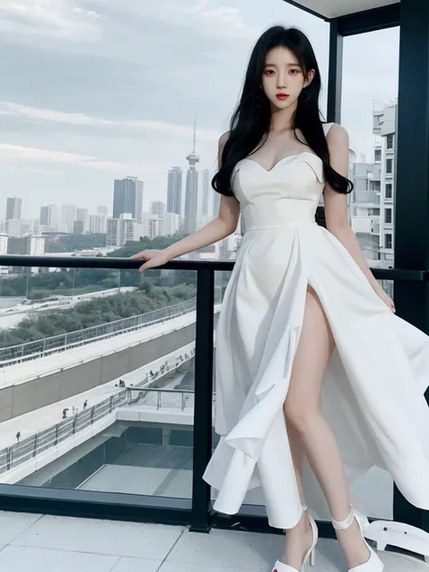 Jisoo, a korean girl from a famous kpop group, on a balcony of a fancy building and her long, wavy black hair flying in the wind with a white dress. huge bosoms, white dress, huge hips, ** photo from head to leg**