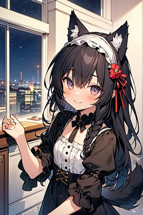 ((masterpiece)), ((beautiful, cute, small)), (nice boy), 1 boy, long hair, black hair, wolf ears, wolf tail, black lolita outfit, white frills, lolita headband, night room, swoon, smile,