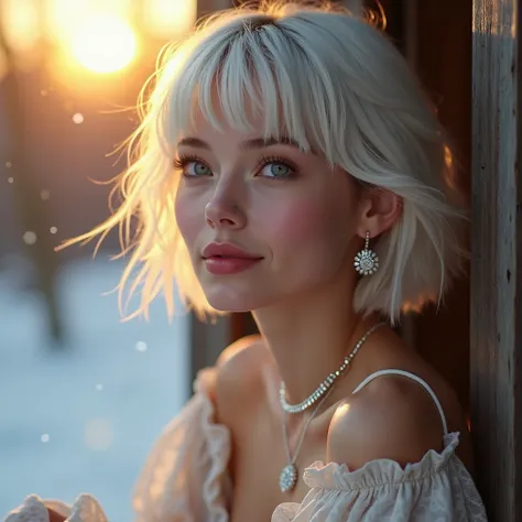 SHE HAS EVERYTHING THAT MAKES A WOMAN WONDERFUL, she looks like she&#39;s only 18 and looks quite young, closeup on face, SHE HAS A ROUND FACE AND WHITE HAIR, her hair is short and she wears bangs down to her eyebrows, the most beautiful of all women, PERF...