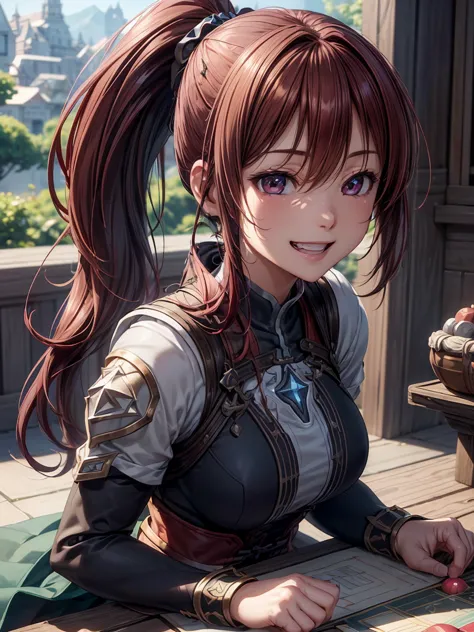 extremely detailed cg unity 8k wallpaper, beautiful paintings, (( dark red hair 、 left side ponytail )), (( close your eyes and ...