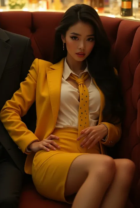 Looking at the girls heels from the floor ,  branded goosebumps with high heels ,  Goose Yellow Tight Suit Jacket ,  Goose Yellow Skinny Skirt , White Fit Shirt , Yellow star pattern tie ,  obvious transparent stockings , Nail polish, French Nails ,  She i...