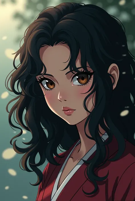 create a new female character within the classic naruto universe with these characteristics curly wavy black hair dark brown eyes white skin