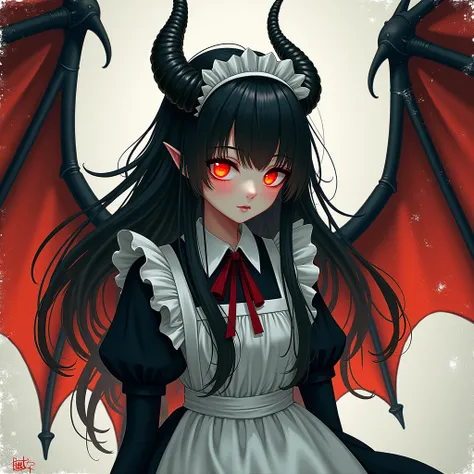  1 girl, dragon wings、Dragon Horn、Black Hair
、 long hair、 illustration,  maid clothes、 part of the picture sticks out of the frame , Red glowing eyes、 damaged , 