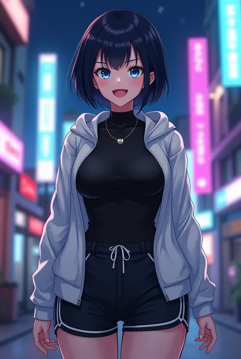  very short hair , black hair,Blue Eyes, pretty girl,Handsome Girls,cool,Neutral, Tall,Muscular, boyish , adult woman laughing,Beautiful breasts, nice butt, black long sleeve t-shirt , Im wearing a white jumper with a hood that hides the mouth,The zipper o...