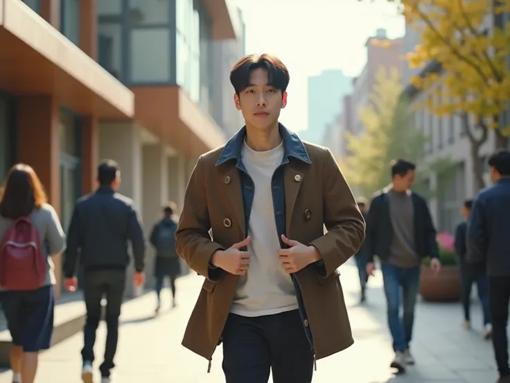 A photo of a Korean walking out of a modern house and putting on a jacket. The idol is Marwan. He is standing on a bright and lively city street with people passing by. The background has a light urban feel.