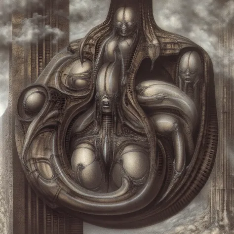 H. R. Gigers g1g3r, , Giger_style, H. R. Gigers g1g3r, , Giger_style, The image is a detailed view of H.R. Gigers " Aleph (work 210) " plate, featuring   The image portrays a group of humanoid figures with mechanical and organic features, including what ap...