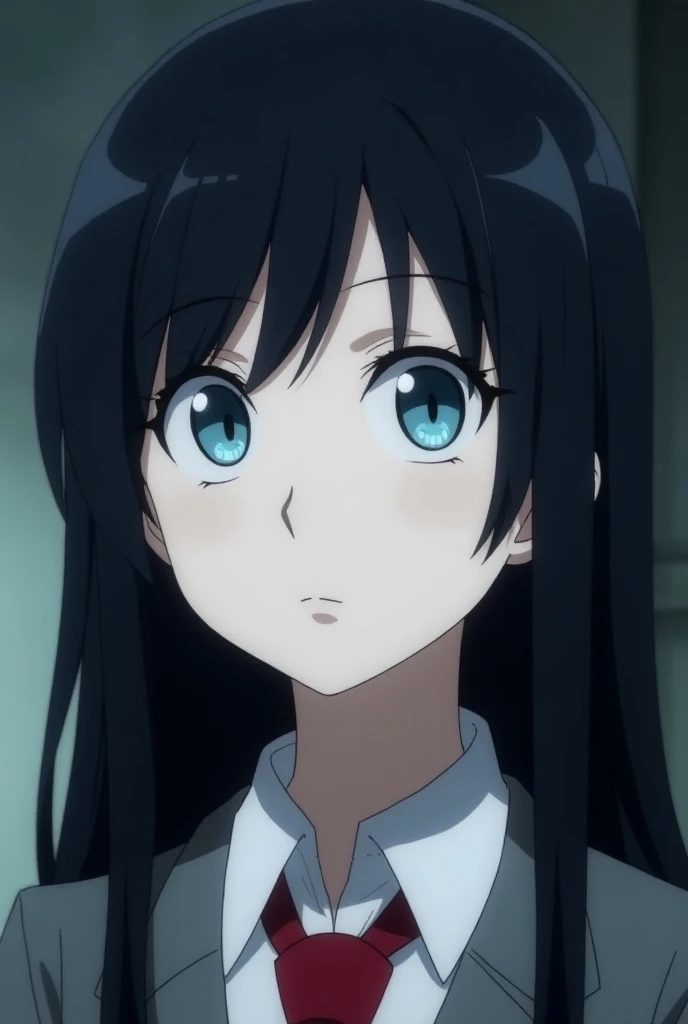  Screenshot Boku no hero Academia, Pretty woman,  black hair,  smooth and knee-length , Monolid-like eyes , sky blue,  very white skin, serious expression,  Uniform gray jacket and red tie  