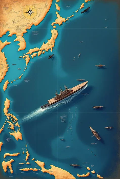 Visual map of the Pacific marking the location of the sinking of the Hiryu near Midway.