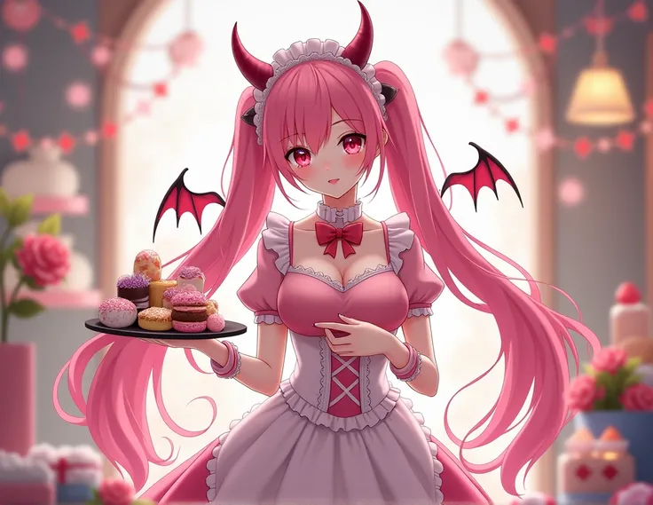 a woman with long, wavy pink twin-tails, wearing a pink maid dress with frills and bows. She has elegant succubus horns, small demon wings, bunny ears,  and holds a tray of colorful sweets. The setting is pastel-toned, with cute decorations and a magical, ...