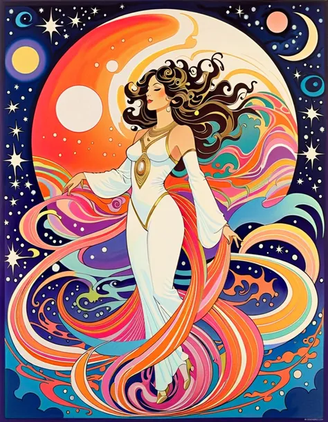 Feminine Art ,  70s Disco Art ,  Art Nouveau Posters  , Hallucinatory, Hypnotic Patterns , Abstract, Euphoric,  Fluid Shapes , Night Sky, moon, star,  flat illustration .  Negative Space in the Shape of a Dancing Goddess . Japanese、Ancient Goddess, Abstrac...