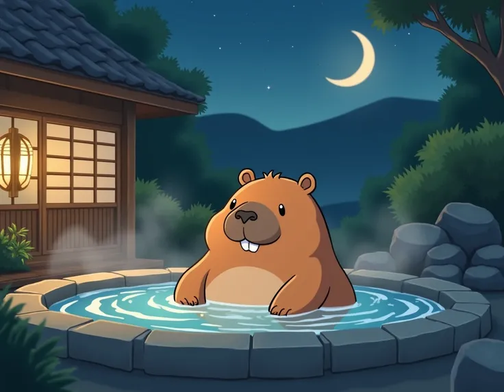 anime capybara in japanese onsen cozy vibes at night