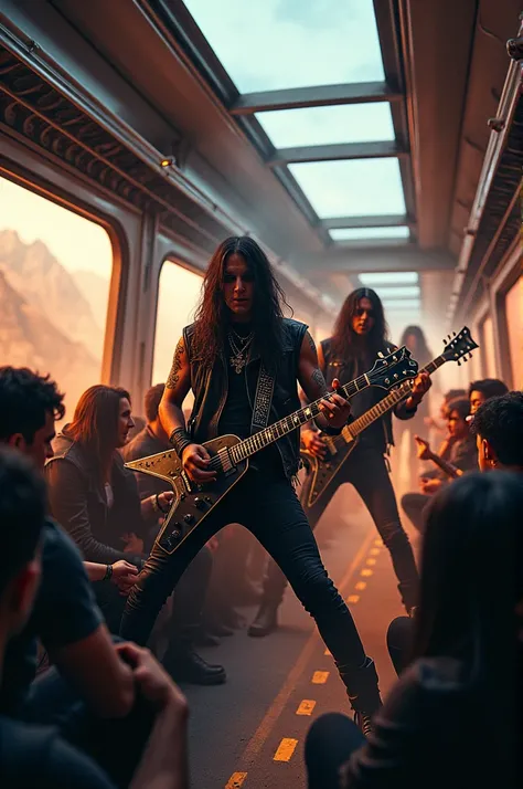 A heavy metal band playing on a high-speed train 