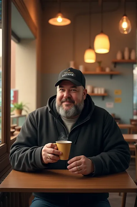 Generate an image of a stocky simple man wearing a black frame eye mirror has a beard wearing a black jacket wearing a black hat or cap with white Epoi writing sitting drinking coffee in a cafe 