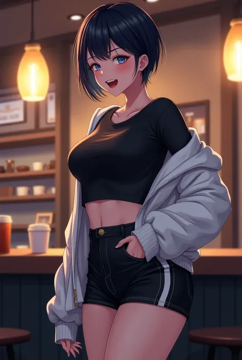  very short hair , black hair,Blue Eyes, pretty girl,Handsome Girls,cool,Neutral, Tall,Muscular, boyish , adult woman laughing,Beautiful breasts, nice butt, black long sleeve t-shirt , Im wearing a white jumper with a hood that hides the mouth,Im wearing s...