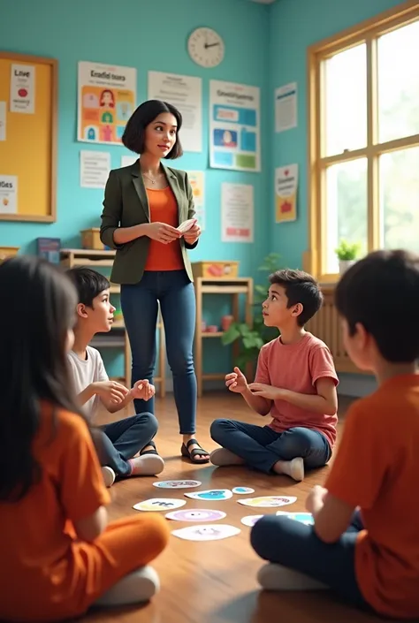 A teacher guiding students through an emotional intelligence exercise. The students are in a circle, holding cards with emotions (e.g., happy, sad) while engaging in role-play activities. The classroom is colorful and decorated with posters on kindness and...