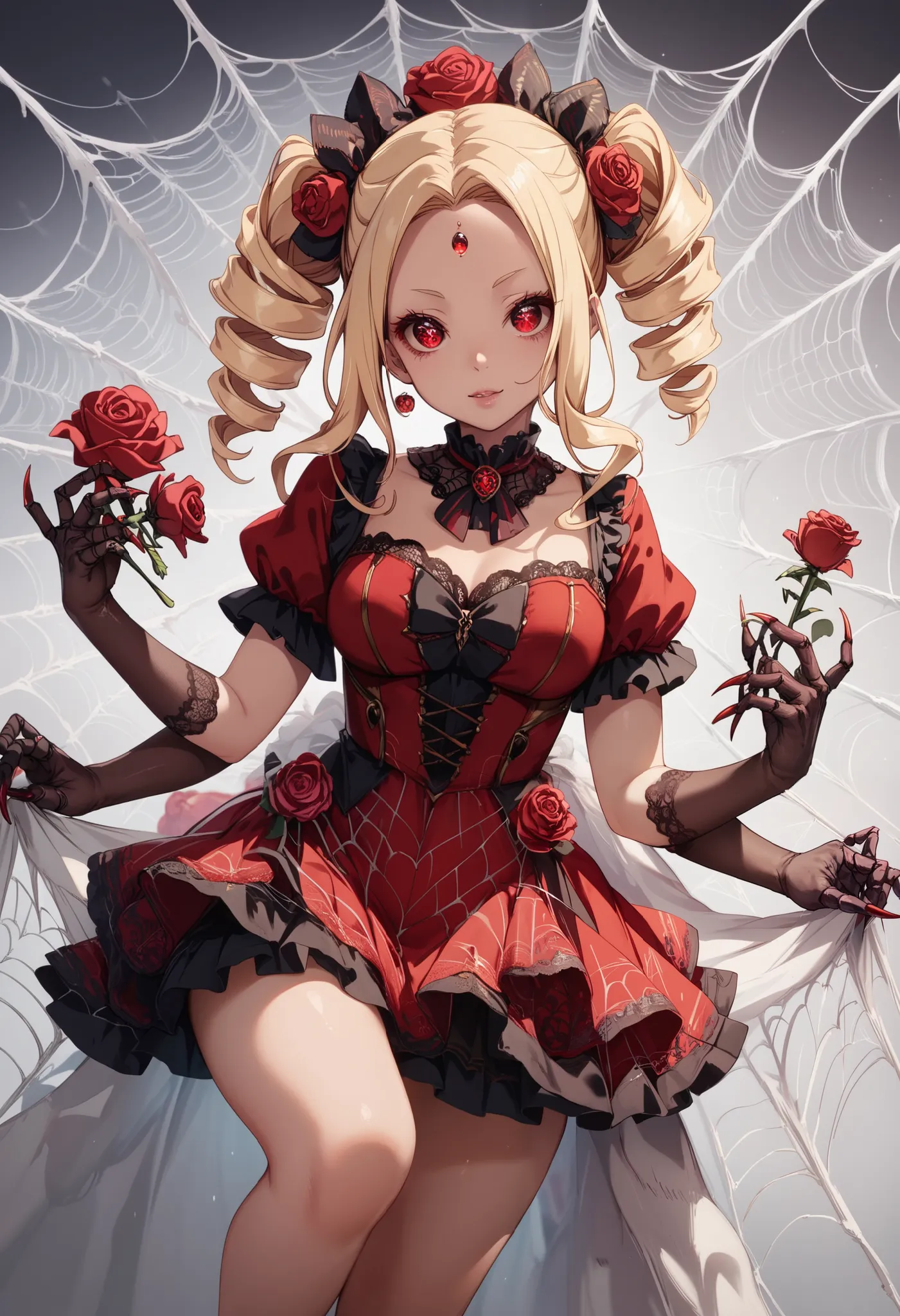 spider girl. lady. twin drill hair. blonde hair. red eyes. horror eyes. black and red dress. frills. dark fantasy. multiple arms...