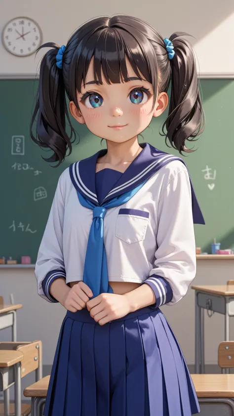 {{{anime}}}、(5yo,loli,cute:1.4)、 black hair、 twin tails、 sailor suit、standing、classroom