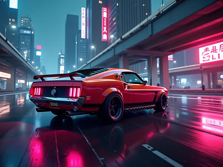 Retrowave, neurodivergent art, 1969 Boss Mustang, cityscape, (High Resolution, Masterpiece, Award Winning, Best Quality, Super Detailed, UHD, Retina), From Behind, 