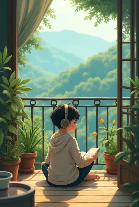 Make a boy studying and listening to music with headphones on the balcony of his bedroom make the boy with a design similar to Studio Ghibli