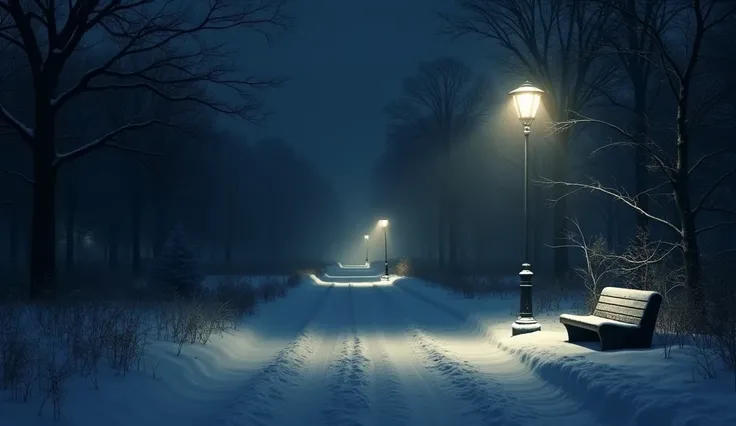 snowy night dark theme a street lamp and long path  a sitting bench on side of lamp