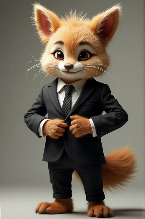  looks playful in his eyes while wearing a suit，Furry with his hands tidy up his suit 