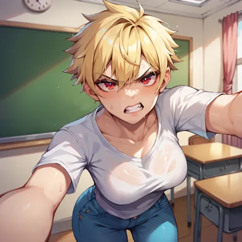 a mature tomboy with blonde hair and red eyes she is standing in a college classroom. she looks angry at you. she has on a white t-shirt and blue jeans