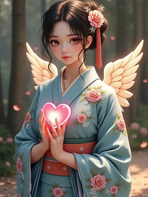  takes a straight look at viewers、A beautiful female angel wearing a kimono embroidered with Japanese floral patterns 、 is a three-dimensional, mystically shining pink heart object with both hands、High image quality、 High Quality 、delicate