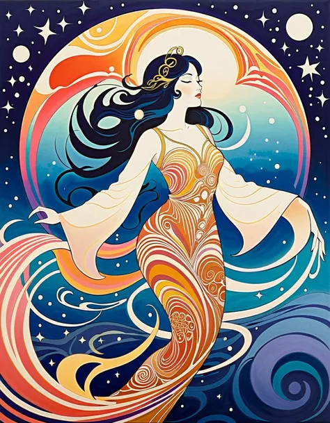 Feminine Art ,  Art Nouveau Posters  , Hallucinatory, Hypnotic Patterns , Abstract, Euphoric,  Fluid Shapes , Night Sky, moon, star,  flat illustration .  Negative Space in the Shape of a Dancing Goddess . Japanese、Ancient Goddess, Abstract Painting,  70s ...