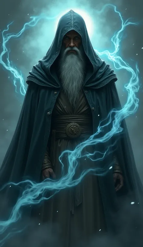 Draw me some half-diablolic ethereal ghosts floating in the air, and some entering under the cloak of the protector of souls. Buja noble souls around the character, Give me variations where the hooded mans face is seen as a 70-year-old man without a beard ...