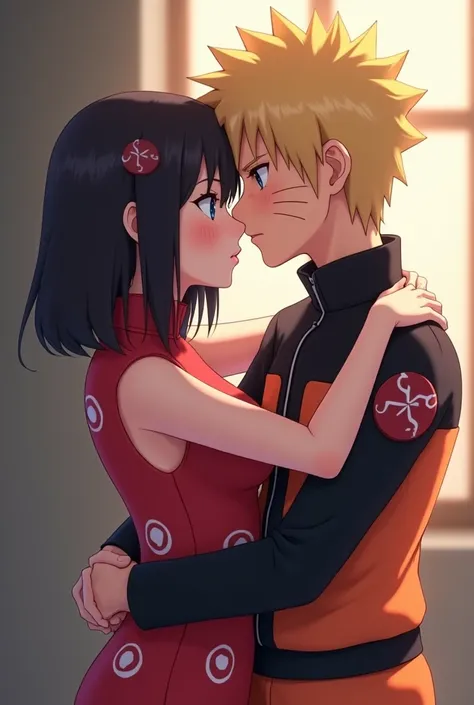 Boruto uzumaki and sakura uchiha lip kissing while holding each other sakura is wearing her attire from boruto series with short hair
