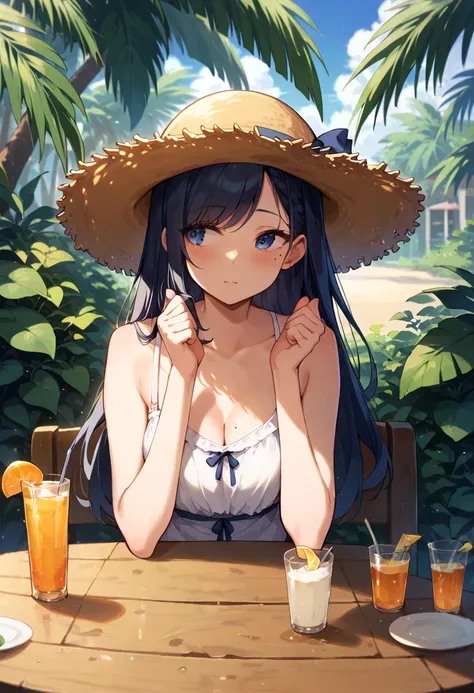 nsfw,1girl,slim, medium breasts,long hair,swaying hair,blue eyes,swept bangs,dark blue hair,bare foot,blush,mole under eye,sundress,Clear skies,outdoor,upper body, looking away, sitting,parted lips, front view, from front, straw hat, hands up, elbows on ta...