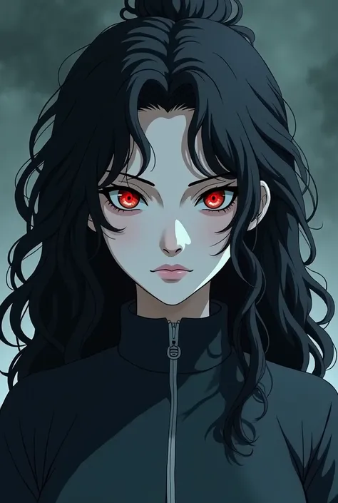 create a new female character within the classic naruto universe with these characteristics curly wavy black hair dark brown eyes white skin with a black fox red eyes like biju