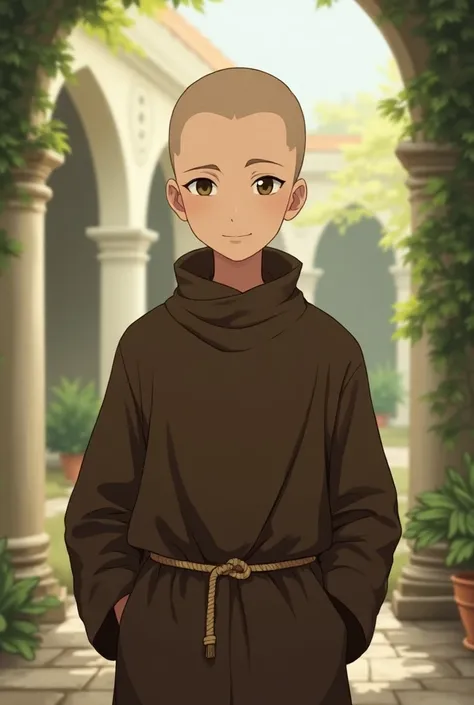 Anime illustration of a young Franciscan friar with 18th century tonsure