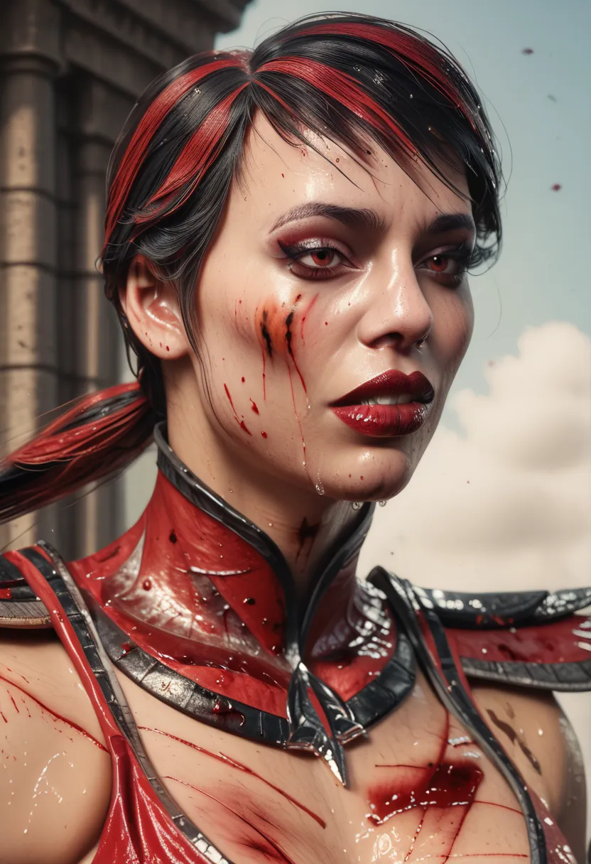 hot sexy skarlet from mortal kombat tied in a colloseum, sexy, beautiful, gorgeous, makeup, detailed, detailed face, high res, p...